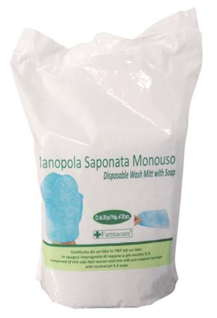 MANOPOLA MONOUSO PER LAVAGGI PARZIALI COMPOSTA DA UNA SPUGNA IN POLIESTERE SAPONATA E DA UN DRAPPO IN TESSUTO NON TESSUTO SENZA RISCIACQUO DETERGENTE A PH ISOCUTANEO - Farmaciapacini.it