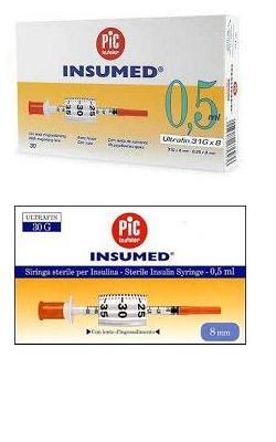 SIRINGA PER INSULINA PIC INSUMED 0,5 ML 100 UI AGO GAUGE 30 LUNGHEZZA 8 MM SENZA SPAZIO MORTO 3 SACCHETTI DA 10 PEZZI - Farmaciapacini.it
