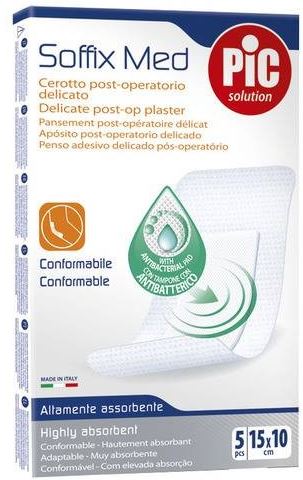 CEROTTO PIC SOFFIX MED IN TNT CON TAMPONE CENTRALE ASSORBENTE STERILE MONOUSO 10X15 CM ANTIBATTERICO 5 PEZZI - Farmaciapacini.it