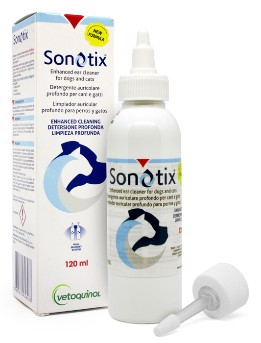 SONOTIX DETERGENTE AURICOLARE PROFONDO CANI E GATTI FLACONE 120 ML + CANNULA CORTA RIGIDA + CANNULA LUNGA FLESSIBILE - Farmaciapacini.it