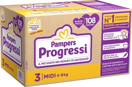 PANNOLINI QUADRIPACK PAMPERS PROGRESSI MIDI 108 PEZZI - Farmaciapacini.it