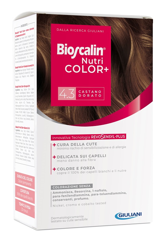 BIOSCALIN NUTRICOLOR PLUS 4,3 CASTANO DORATO CREMA COLORANTE 40 ML + RIVELATORE CREMA 60 ML + SHAMPOO 12 ML + TRATTAMENTO FINALE BALSAMO 12 ML - Farmaciapacini.it