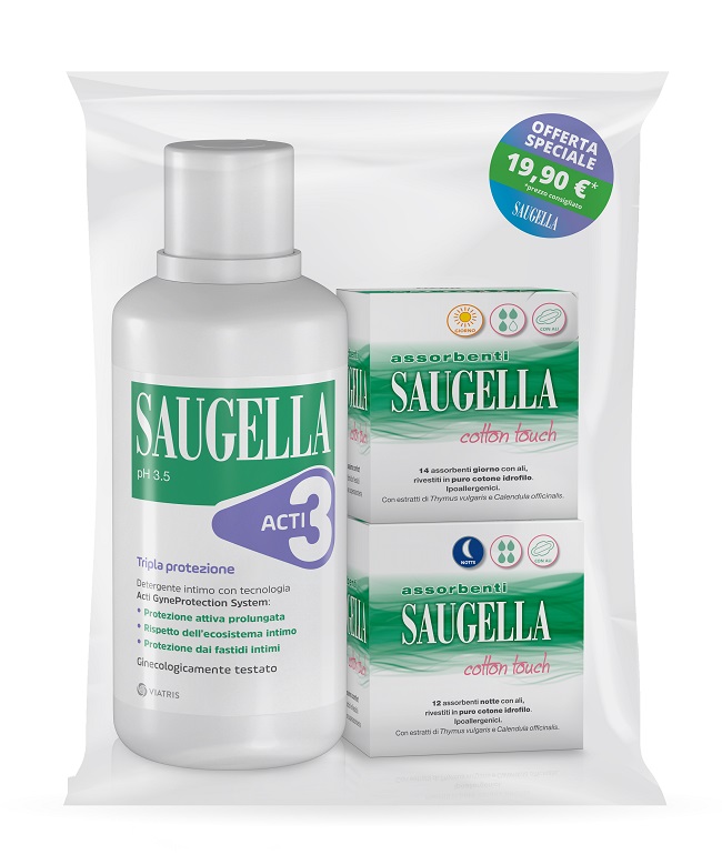 SAUGELLA ACTI3 DETERGENTE INTIMO + 2 SCATOLE ASSORBENTI GIORNO E NOTTE - Farmaciapacini.it