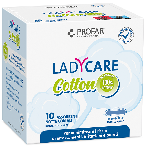 LADYCARE ASSORBENTI COTTON IPOALLERGENICI NOTTE CON ALI 10 PEZZI PROFAR - Farmaciapacini.it